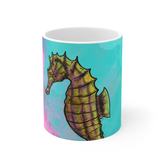 #5002 Sea Pony- Lined Seahorse Ceramic Mug 11oz