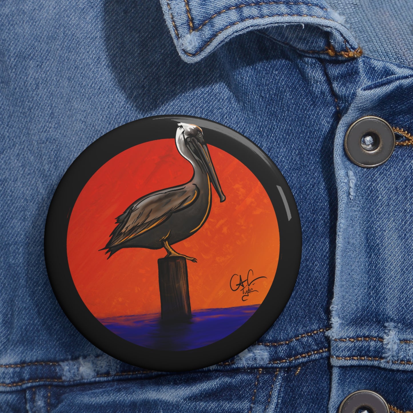 #999A Peli Sunset - Brown Pelican  Pin Button