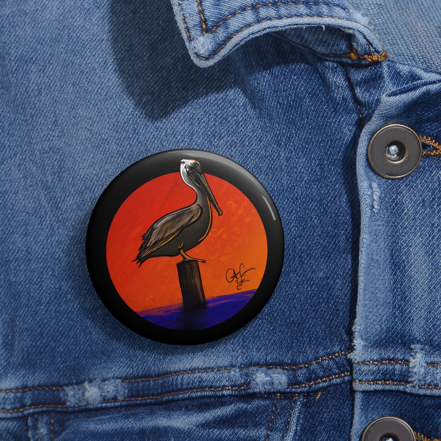 #999A Peli Sunset - Brown Pelican  Pin Button
