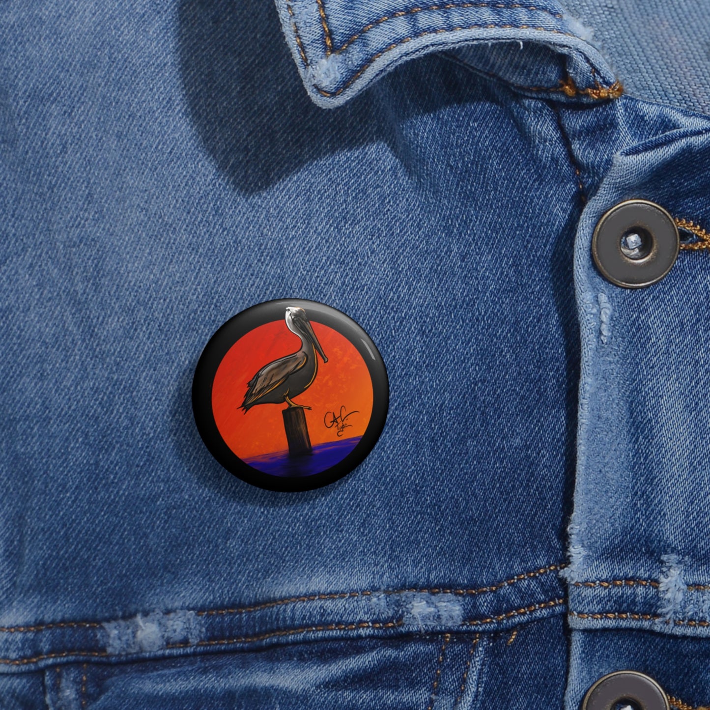 #999A Peli Sunset - Brown Pelican  Pin Button